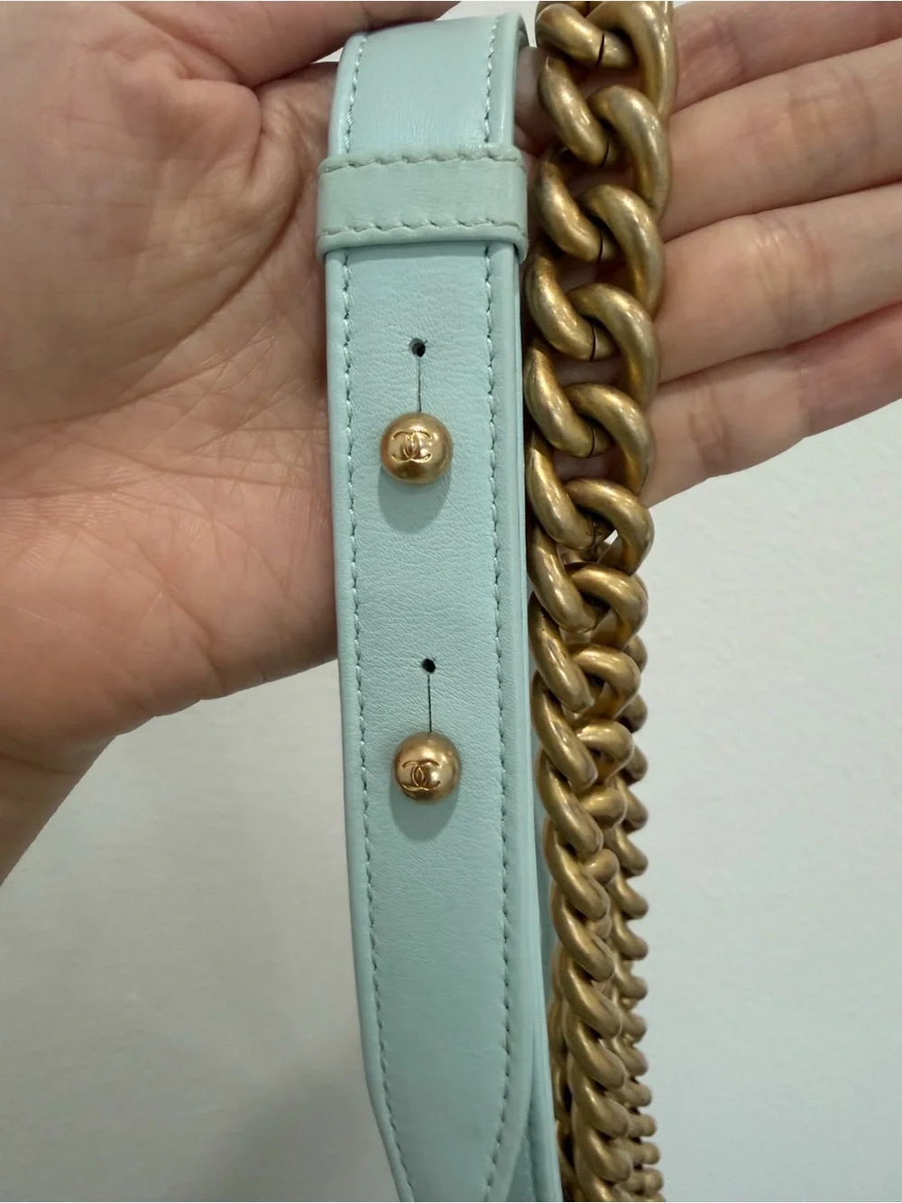 CHANEL Light Blue Chevron Quilted Boy Flap Shoulder Bag with Gold Hardware